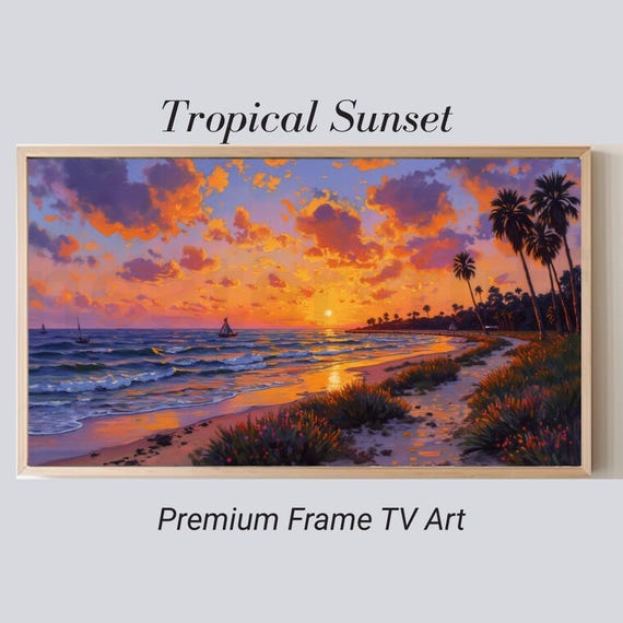 Golden Horizon Sunset Beach Scene Frame TV Art, Tropical Ocean