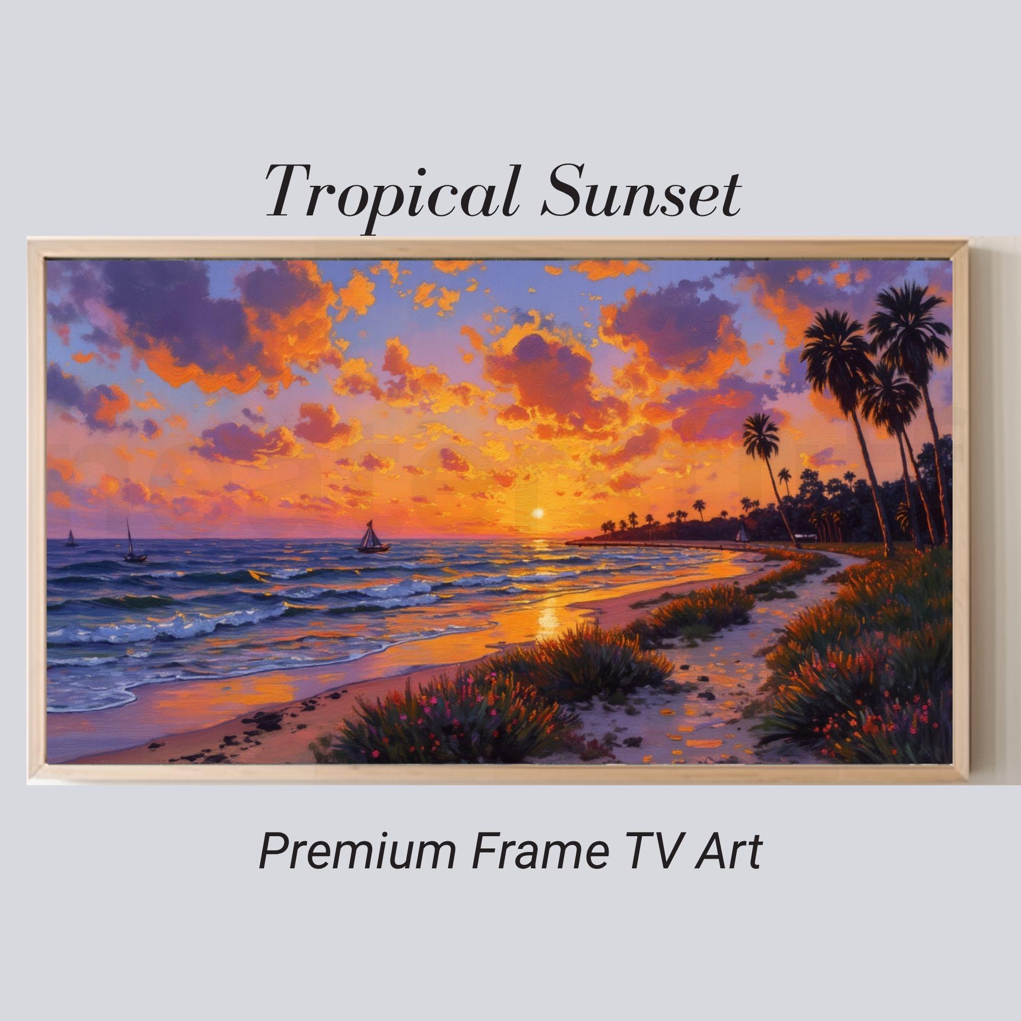 絵画 Sunset Beach Golden Horizon Sunset Beach Scene Frame TV Art, Tropical Ocean