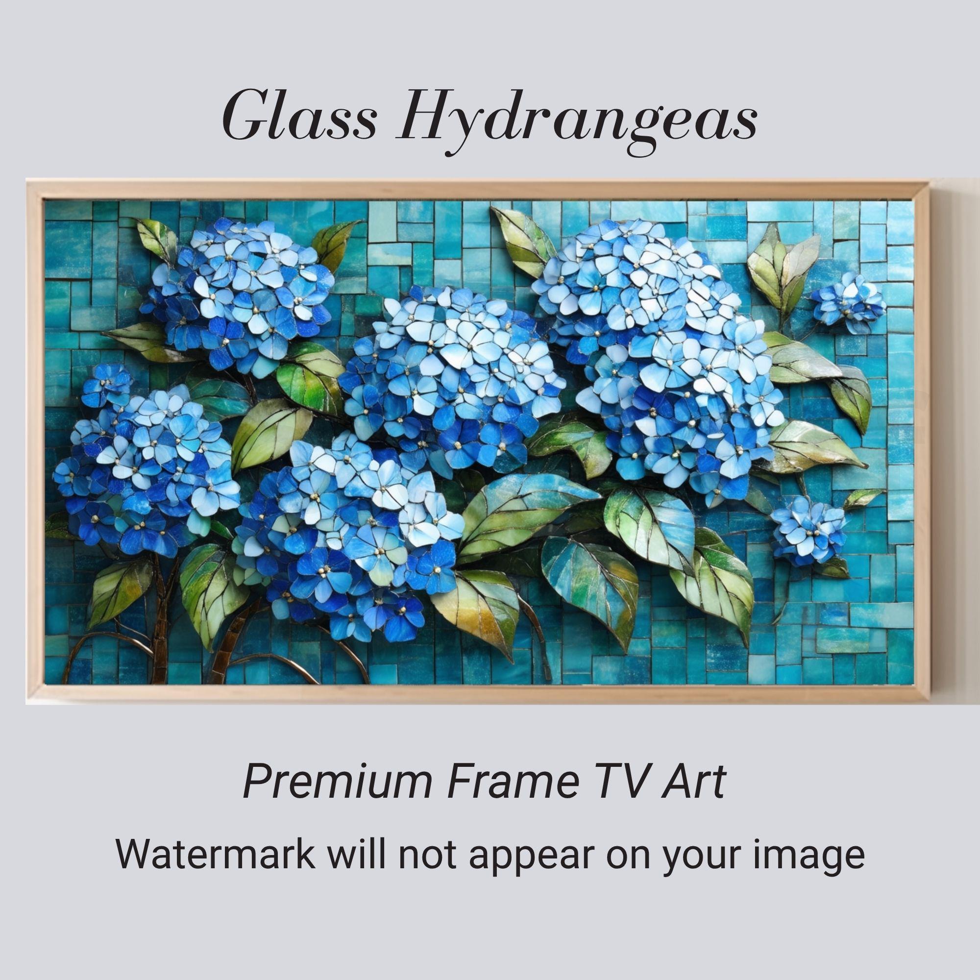 Blue Hydrangea Mosaic Frame TV Art, Stained Glass Style Floral