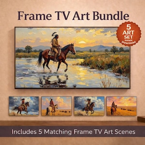 Western Frame TV Art Bundle Set of 5 | Dramatic Native American horse riders, Plains Landscapes, Rustic Decor, Digital Download TV Art 646