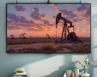 Oil Field Pump Jack Frame TV Art, Texas Sunset Sky Digital