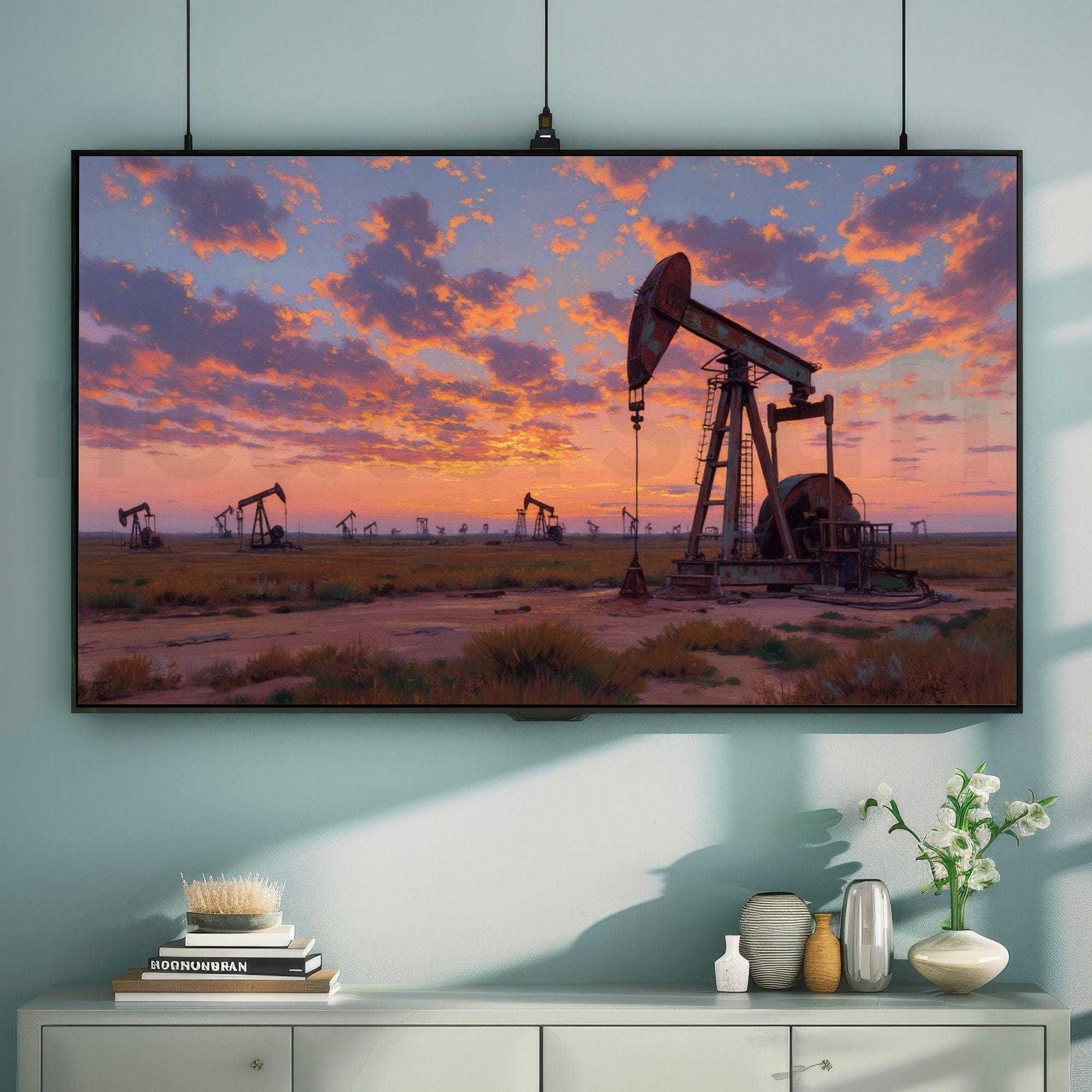 Oil Field Pump Jack Frame TV Art, Texas Sunset Sky Digital