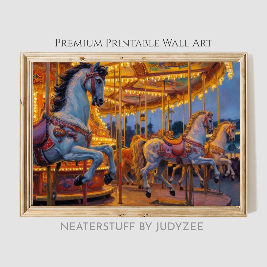 Vintage Carousel Horses Wall Art Print, Moody Night Carnival Scene ...