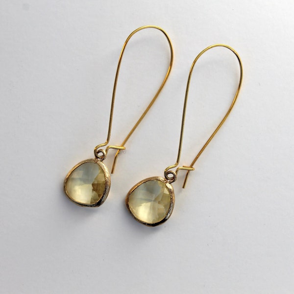14k Gold Plated Yellow Jonquil Glass Stone Dangle Earrings