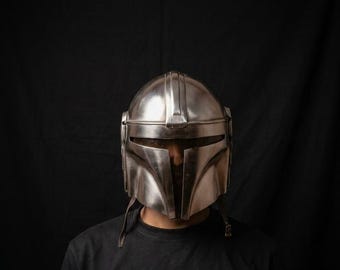 Mandalorian Helmet Replica with Leather Strap | Star Wars Cosplay Beskar Armor, Wearable Sci-Fi Bounty Hunter Helmet, Galactic Warrior