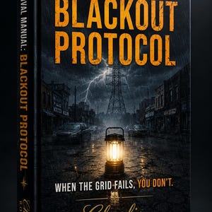 May include: A hardcover book titled Survival Manual: Blackout Protocol with a dark, rainy street scene featuring a glowing lantern in the center, a lightning-filled sky, and the text When the grid fails, you don't and Charlie Books on the cover.