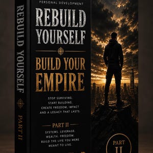May include: A hardcover book titled Rebuild Yourself Build Your Empire Part II. The black cover features a silhouette of a person standing on a cliff overlooking a city skyline at sunset. Text includes Charlie Books, Part II, and various motivational phrases.
