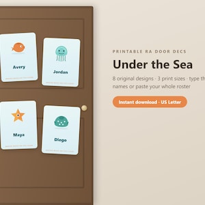 May include: A set of printable Under the Sea door decorations featuring 8 original designs in 3 print sizes. The cards display illustrations of a fish, jellyfish, starfish, and turtle with the names Avery, Jordan, Maya, and Diego printed below.