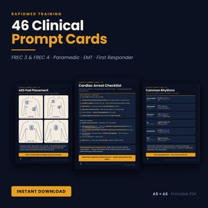 Könnte beinhalten: Ein Set aus 46 klinischen RapidMed-Prompt-Karten für die medizinische Ausbildung mit dunkelblauem Hintergrund und gelbem Text. Die Karten zeigen Diagramme zur AED-Pad-Platzierung, eine Checkliste für Herzstillstand und gängige Herzrhythmen.