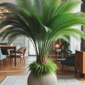 Puede incluir: Una planta de palma grande de color verde vibrante con frondas largas y plumosas que se extienden hacia afuera. La planta está en una maceta redonda de cerámica color crema con textura acanalada vertical. Un follaje fino y verde en la base.