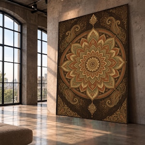 Mandala Wall Art Print, Vintage Floral Design Canvas Wall Art for Bohemian Home Decor, Earthy Colors for Living Room, mandala art
