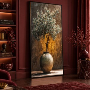 Muurdecoratie met olijfboommotief, groene bladeren in een rustieke pot, moderne canvasprint voor de woonkamer, kantoor of andere huisdecoratie, olijfboomkunst