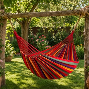 Puede incluir: Una hamaca de tela multicolor con rayas verticales llamativas en tonos rojo, naranja, amarillo, morado y verde. La hamaca está suspendida mediante cuerdas gruesas trenzadas sujetas a una estructura de madera resistente en un jardín.