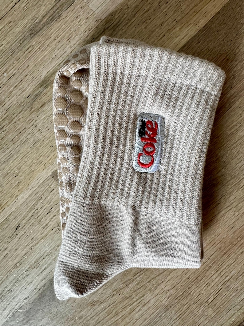 Diet Coke Adult Crew Grippy Socks for Pilates, Yoga, Barre Fitness Beige Crew