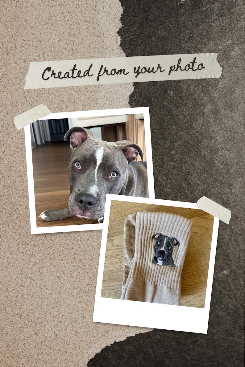 May include: A pair of beige ribbed socks featuring a detailed embroidered portrait of a gray pit bull with a white forehead stripe. The image includes a photograph of the dog and the text Created from your photo on a piece of tape.