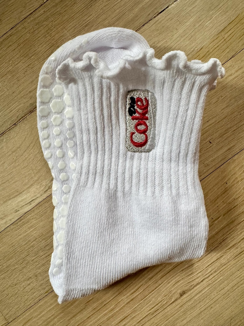 Diet Coke Adult Crew Grippy Socks for Pilates, Yoga, Barre Fitness White Ruffle