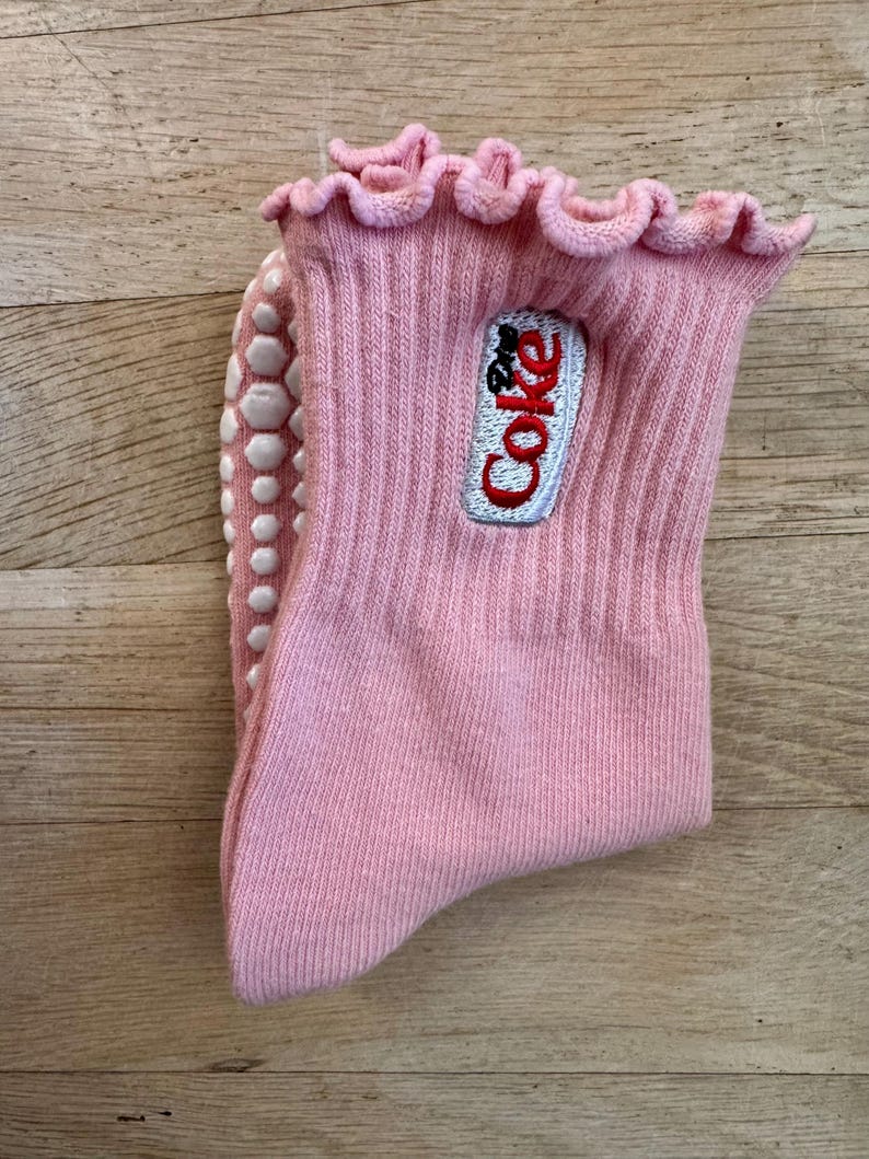 Diet Coke Adult Crew Grippy Socks for Pilates, Yoga, Barre Fitness Pink Ruffle