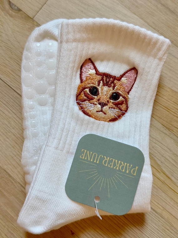 Custom Embroidered Pet Portrait Adult Crew Grippy Socks for Pilates, Yoga, Barre Fitness