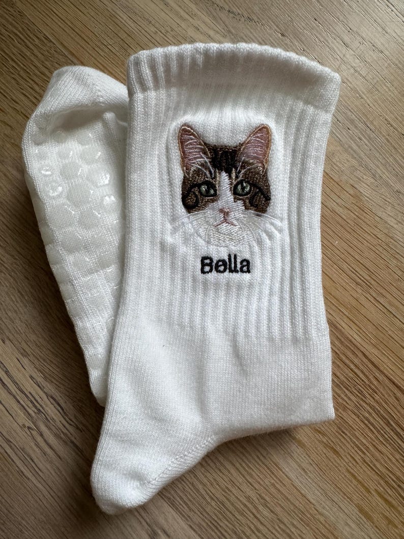 Custom Embroidered Pet Portrait Adult Crew Grippy Socks for Pilates, Yoga, Barre Fitness image 18