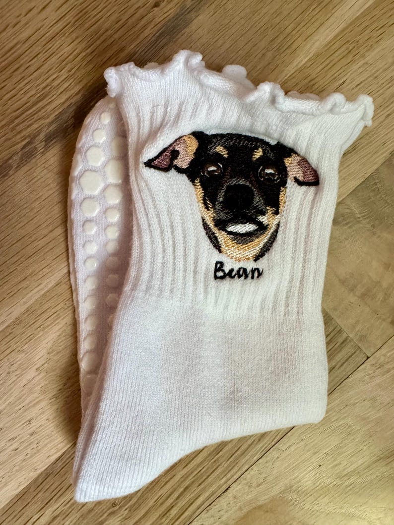 Custom Embroidered Pet Portrait Adult Crew Grippy Socks for Pilates, Yoga, Barre Fitness image 16