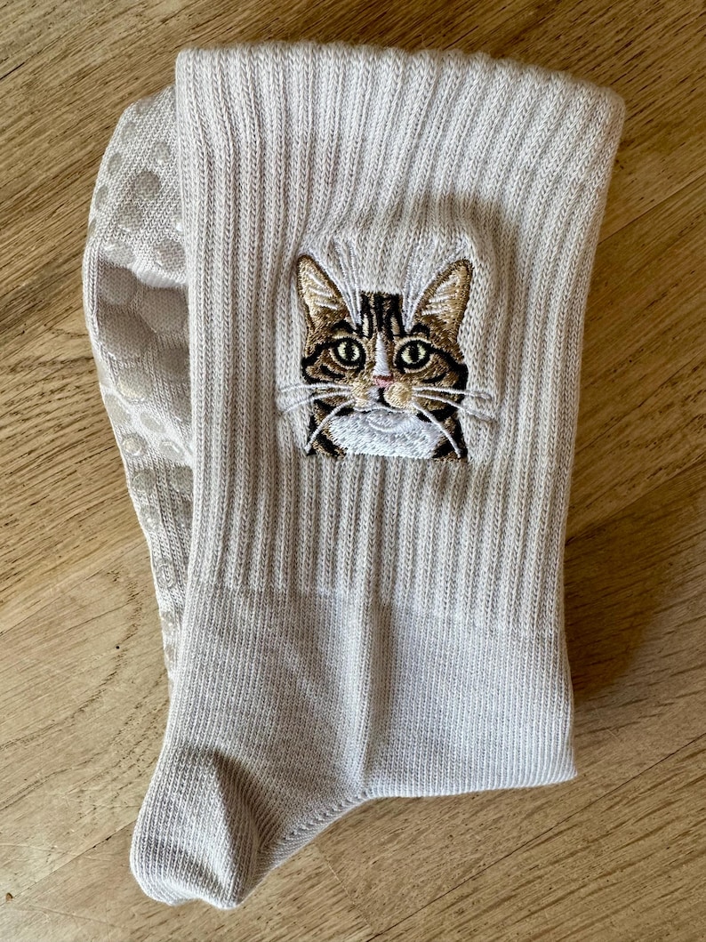 Custom Embroidered Pet Portrait Adult Crew Grippy Socks for Pilates, Yoga, Barre Fitness image 12