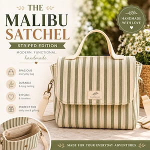 May include: A satchel bag featuring a green and cream vertical striped pattern, a top handle, and a detachable shoulder strap. The front flap includes a small rectangular patch with the text HANDMADE and a leaf icon. The interior is lined.