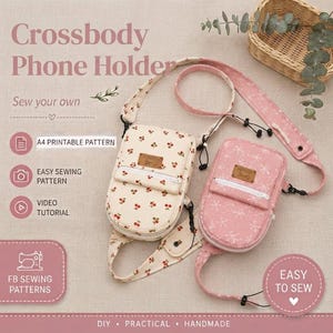 Puede incluir: Dos fundas para teléfono cruzadas con correas ajustables. Una es de color crema con estampado de cerezas rojas y la otra es de color rosa empolvado con un patrón floral blanco. Ambas tienen un bolsillo frontal con cremallera y etiqueta marrón.
