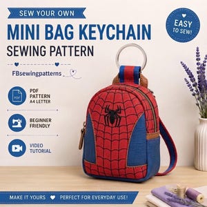 May include: A mini bag keychain sewing pattern featuring a red and blue backpack design with a black spider web print and a central spider emblem. The text reads SEW YOUR OWN MINI BAG KEYCHAIN SEWING PATTERN, FBsewingpatterns, PDF PATTERN A4 LETTER, BEGINNER FRIENDLY, VIDEO TUTORIAL, EASY TO SEW, and MAKE IT YOURS.