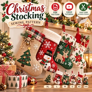 Könnte beinhalten: Eine Sammlung von Weihnachtsstrümpfen in verschiedenen Größen und Designs, darunter Jute mit Baum, Rot mit Schneemann, Grün mit Rentier und Weiß mit Weihnachtssternen. Text: Christmas Stocking SEWING PATTERN.