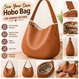 Könnte beinhalten: Eine braune Hobo-Tasche mit einem einzelnen Schulterriemen und goldfarbenen Beschlägen. Das Innere ist mit einem weißen Blumenmuster gefüttert. Das Bild enthält den Text: Sew Your Own Hobo Bag, PDF Sewing Pattern, A4 Printable Pattern.