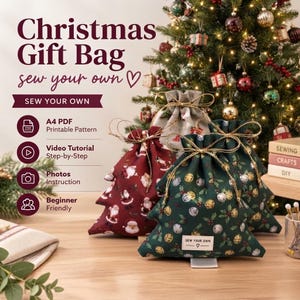 May include: Three fabric gift bags shaped like Christmas trees, featuring patterns of Santa Claus and jingle bells. The bags are tied with gold string. Text on the image includes Christmas Gift Bag, sew your own, A4 PDF Printable Pattern, Video Tutorial, Photos Instruction, and Beginner Friendly.