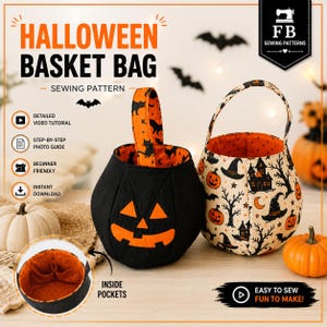 Könnte beinhalten: Zwei Stoffkorbtaschen für Halloween, eine schwarze mit einem orangefarbenen Kürbisgesicht und eine cremefarbene mit einem schwarzen Muster aus Kürbissen, Hexenhüten und Häusern. Beide haben orangefarbene Futter und Griffe sowie Innentaschen.