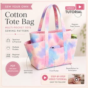 Multi pockets tote bag Sewing pattern + video tutorial, Canvas shopper bag, Step by step instructions,DIY bag pattern instant download