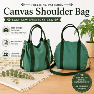 May include: Two green canvas shoulder bags with dark green straps and metal hardware. The text reads FBSEWING PATTERNS Canvas Shoulder Bag, EASY SEW EVERYDAY BAG, STEP BY STEP PHOTO AND INSTRUCTIONS PDF, and A4 PRINTABLE PATTERN.