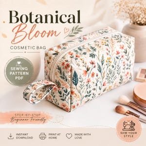 May include: A rectangular cosmetic bag featuring a cream-colored fabric with a repeating pattern of small orange, yellow, and green wildflowers and leaves. The bag includes a matching fabric side handle and a zipper closure along the top edge.