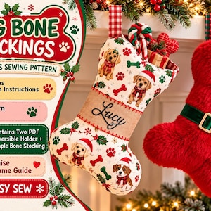 Dog Santa stocking sewing pattern pdf, pet Xmas stocking reversible dog stocking holder| dog Xmas stocking,bone shaped stocking,2  type pdfs