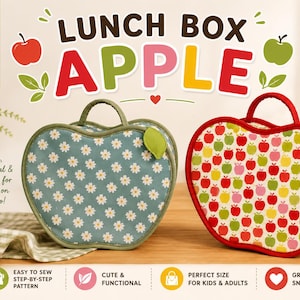 May include: Two apple-shaped lunch bags with handles and a leaf accent. One bag features a blue fabric with a white daisy pattern, while the other displays a colorful apple print on a white background. The text reads LUNCH BOX APPLE.