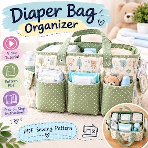 May include: A rectangular fabric diaper bag organizer featuring a light green pattern of bears and trees. The exterior has three front pockets with white polka dots. The interior is divided into sections containing baby items. Text reads Diaper Bag Organizer.