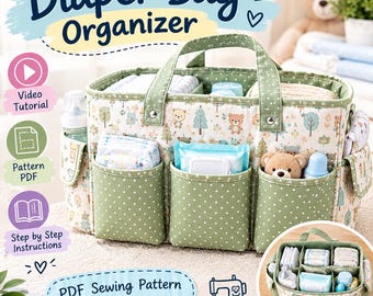 May include: A rectangular fabric diaper bag organizer featuring a light green pattern of bears and trees. The exterior has three front pockets with white polka dots. The interior is divided into sections containing baby items. Text reads Diaper Bag Organizer.