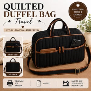 Könnte beinhalten: Eine schwarze, gesteppte Reisetasche mit braunen Kanten, zwei Tragegriffen und einem verstellbaren Schultergurt. Die Vorderseite hat zwei offene Taschen mit einem Smartphone und einer kleinen Geldbörse. Der Text lautet QUILTED DUFFEL BAG.