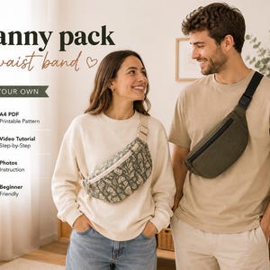 May include: A sewing pattern for a fanny pack waist band featuring text that reads Fanny pack waist band, A4 PDF Printable Pattern, Video Tutorial Step-by-Step, Photos Instruction, and Beginner Friendly. Two fanny packs are shown.