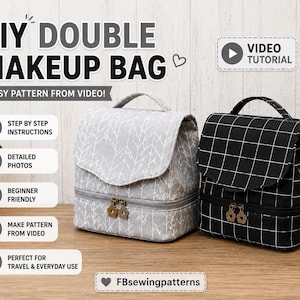 May include: Two structured makeup bags with top handles and dual-compartment designs. One bag is light gray with a white branch pattern, and the other is black with a white grid pattern. Both feature flower-shaped zipper pulls and flap closures.