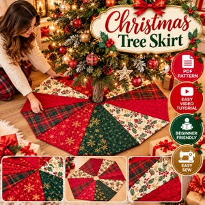 May include: A Christmas tree skirt featuring a patchwork design of alternating fabric wedges in red, dark green, and cream. The patterns include gold snowflakes, holly leaves, and red and green plaid. The skirt has a central circular opening.