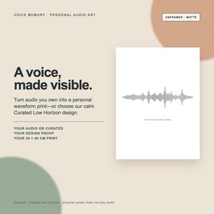 Op de afbeelding: Een oningelijste, matte poster van 30 x 40 cm met een zwarte audiogolfvormgrafiek op een witte achtergrond met de tekst OM MANI PADME HUM. De omringende tekst luidt VOICE MEMORY, PERSONAL AUDIO ART, A voice, made visible en andere details.