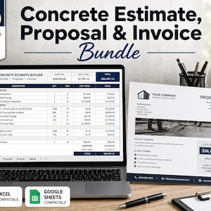 May include: A digital bundle for concrete contractors featuring a laptop displaying a Concrete Estimate Builder spreadsheet and a printed proposal document. The text reads Concrete Estimate, Proposal & Invoice Bundle, Excel Compatible, and Google Sheets Compatible.