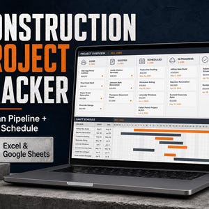 May include: A laptop displaying a construction project tracker with a Kanban pipeline and Gantt schedule. The screen shows project overview columns for lead, quoted, scheduled, in progress, and complete jobs, plus a detailed timeline chart.
