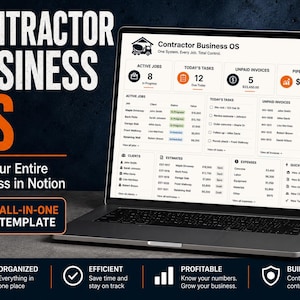 May include: A laptop displaying the Contractor Business OS Notion template, featuring a dashboard with active jobs, tasks, unpaid invoices, and pipeline value. The screen shows organized project data, client lists, and financial summaries for contractors.