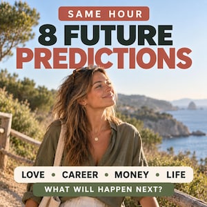 Könnte beinhalten: Eine digitale Grafik mit dem Text SAME HOUR 8 FUTURE PREDICTIONS in Dunkelgrün und Terrakotta. Darunter erscheint der Text LOVE, CAREER, MONEY, LIFE und WHAT WILL HAPPEN NEXT? auf weißen und grünen Bannern vor einer Küstenlandschaft.