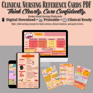 Op de afbeelding: Klinische verpleegkundige referentiekaarten in digitaal PDF-formaat. Het scherm toont diverse educatieve flashcards met medische grafieken, insulinedoseringstabellen, de Glasgow Coma Schaal en laboratoriumwaarden met tekst en iconen op een perzikkleurige achtergrond.