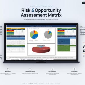 Könnte beinhalten: Ein digitales Dashboard für eine Risiko- und Chancenbewertungsmatrix auf einem Laptop-Bildschirm. Die Benutzeroberfläche zeigt Datentabellen, Kreisdiagramme und ein 3D-Zylinderdiagramm zur Darstellung der Risikoverteilung, des Überwachungsstatus und der Chancenmetriken.